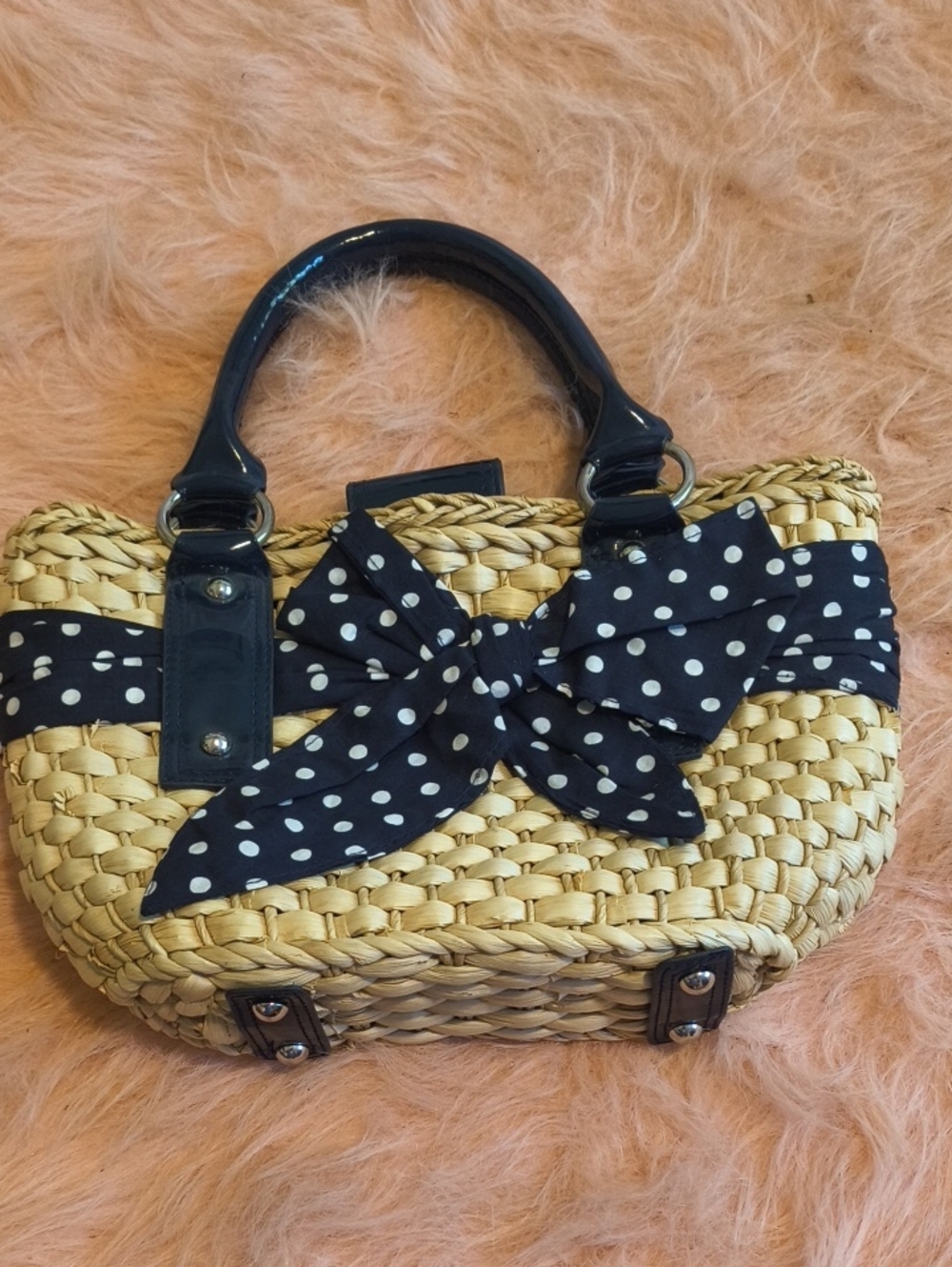 Loft Straw Woven Tote with Black Polka Dot Bow